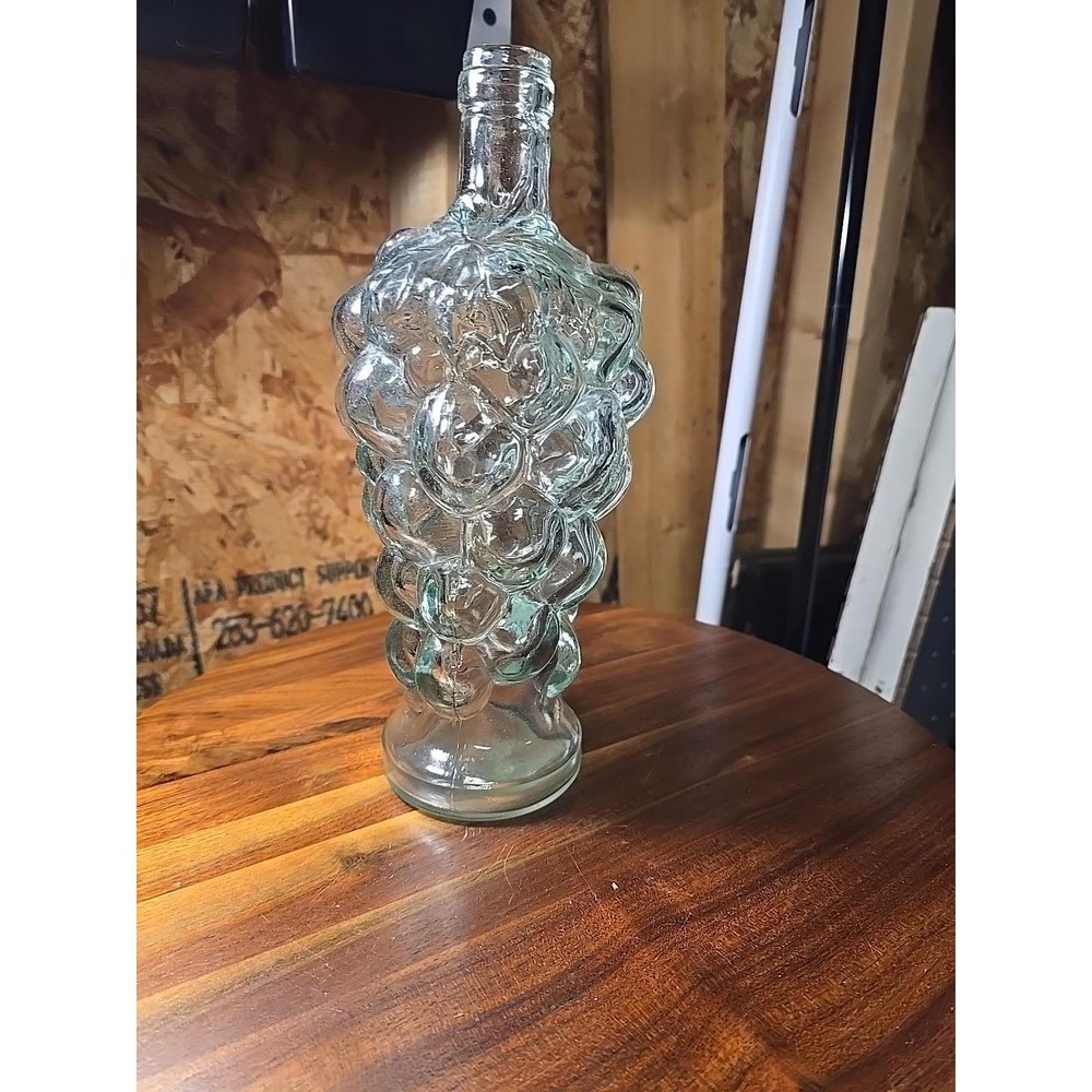 Vintage 1960s Clear Glass Grape Cluster Bottle Decanter Raised Leaf Design